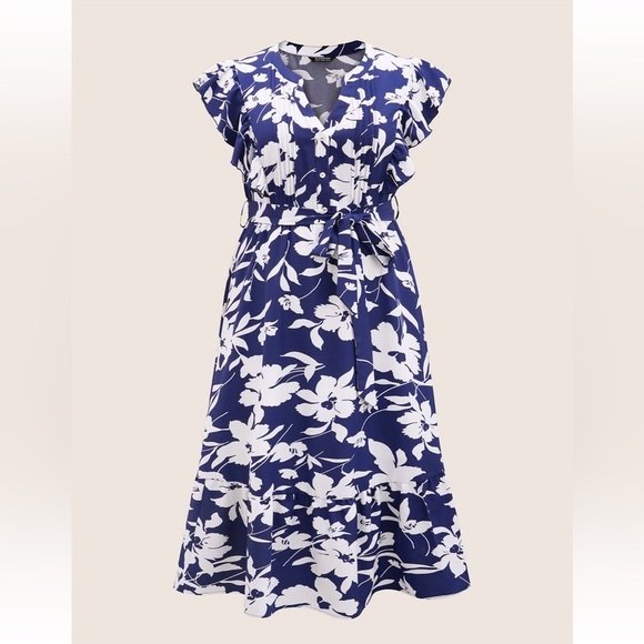 BloomChic Plus Size Silhouette Floral Print Ruffle Cap Sleeve Dress - Picture 6 of 8